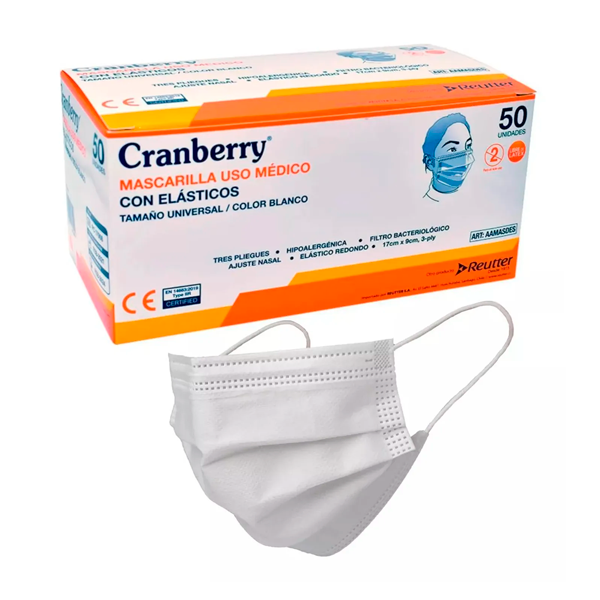 CRANBERRY MASCARILLA 3 PLIEGUES COLOR BLANCO 50 UNID