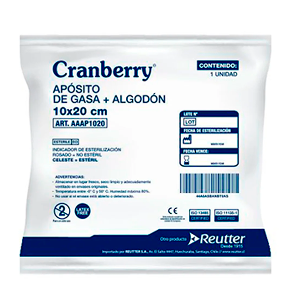 APOSITO DE GASA + ALGODON 10X20CM REUTTER CRANBERRY 1 UNID